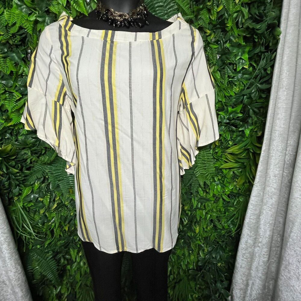 Women Tops 2X Beige Blouse Striped Print Ruffle Sleeve Verxy 1507 - Picture 8 of 9